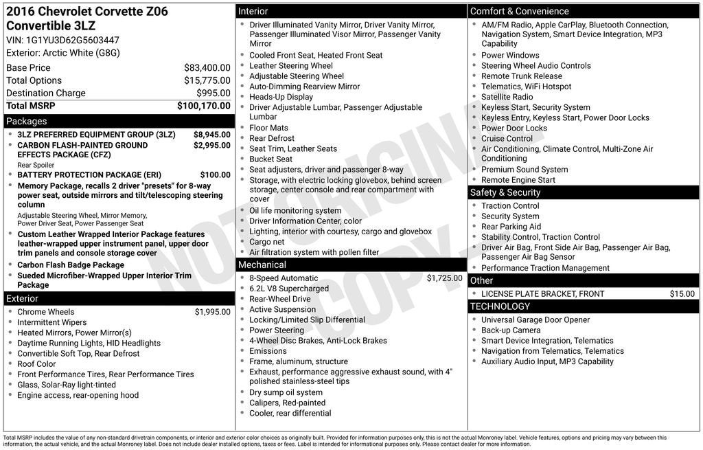 2016 Chevrolet Corvette Z06 Z06 3LZ