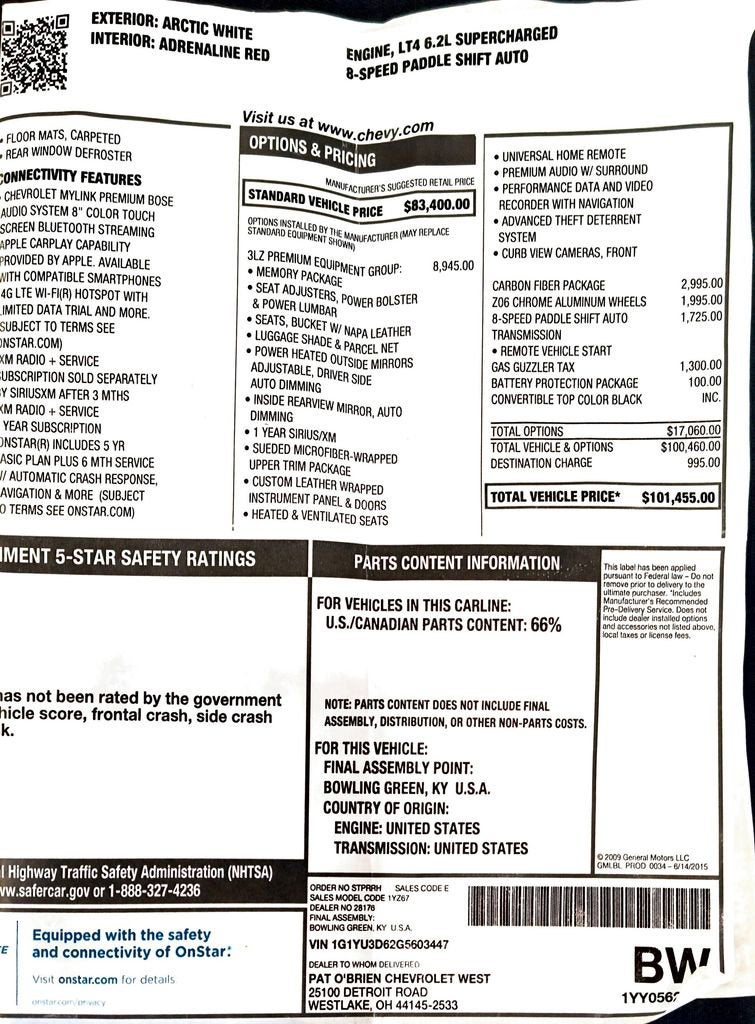 2016 Chevrolet Corvette Z06 Z06 3LZ